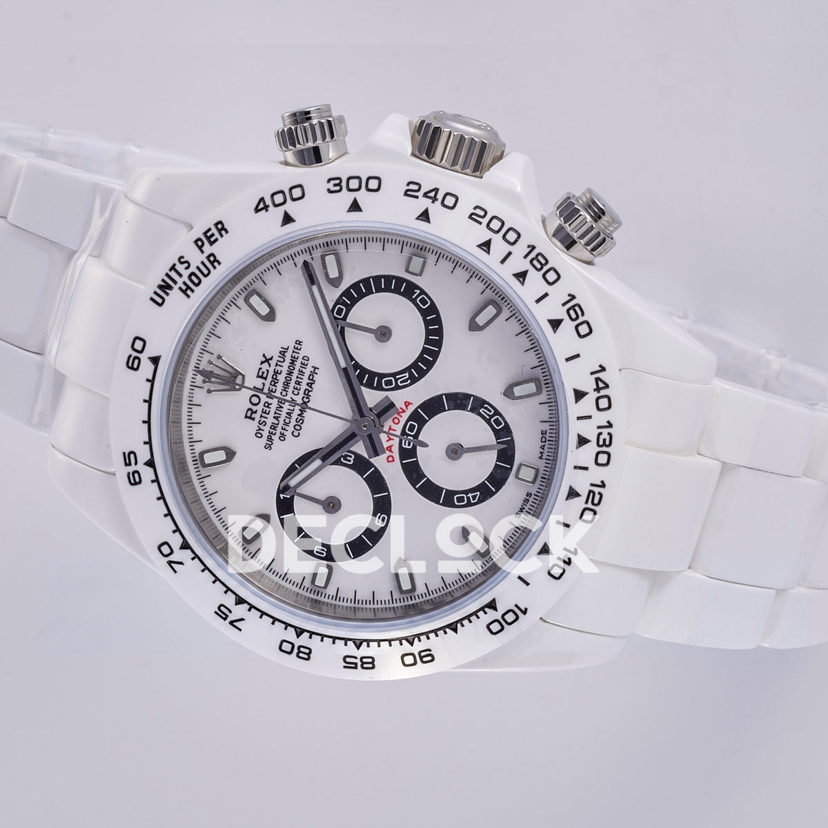 Rolex Daytona ADGF replica - original white dial, black chronograph rings and tracks, silver hands, luminous hour markers, black Rolex printing, red Daytona text, white ceramic tachymeter bezel and bracelet