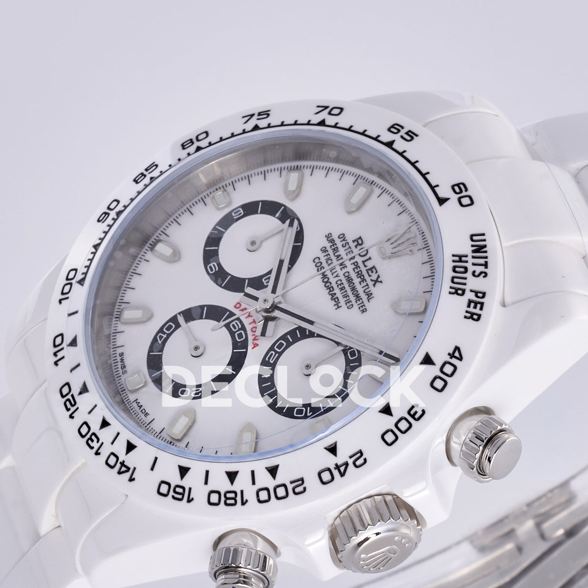 Rolex Daytona ADGF replica - original white dial, black chronograph rings and tracks, silver hands, luminous hour markers, black Rolex printing, red Daytona text, white ceramic tachymeter bezel and bracelet