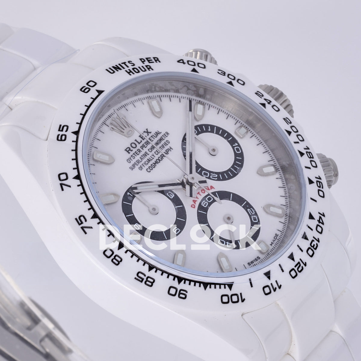 Rolex Daytona ADGF replica - original white dial, black chronograph rings and tracks, silver hands, luminous hour markers, black Rolex printing, red Daytona text, white ceramic tachymeter bezel and bracelet