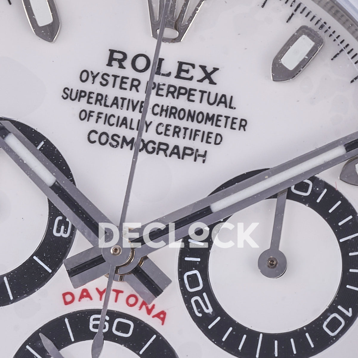 Rolex Daytona ADGF replica - original white dial, black chronograph rings and tracks, silver hands, luminous hour markers, black Rolex printing, red Daytona text, white ceramic tachymeter bezel and bracelet