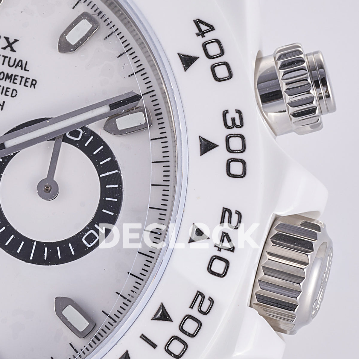 Rolex Daytona ADGF replica - original white dial, black chronograph rings and tracks, silver hands, luminous hour markers, black Rolex printing, red Daytona text, white ceramic tachymeter bezel and bracelet