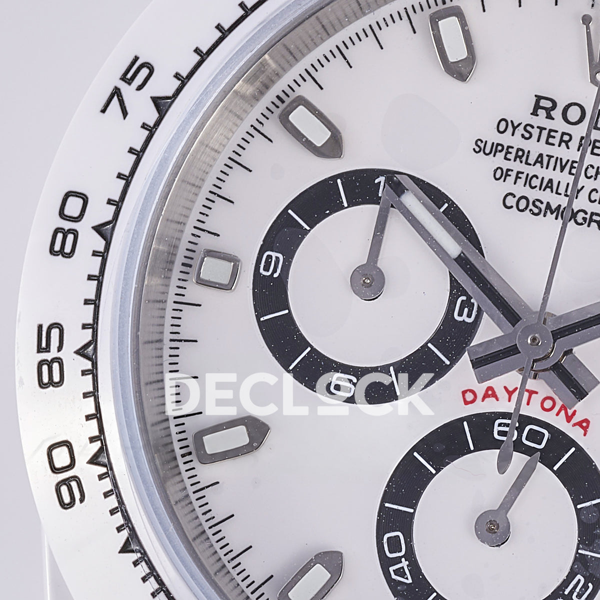 Rolex Daytona ADGF replica - original white dial, black chronograph rings and tracks, silver hands, luminous hour markers, black Rolex printing, red Daytona text, white ceramic tachymeter bezel and bracelet