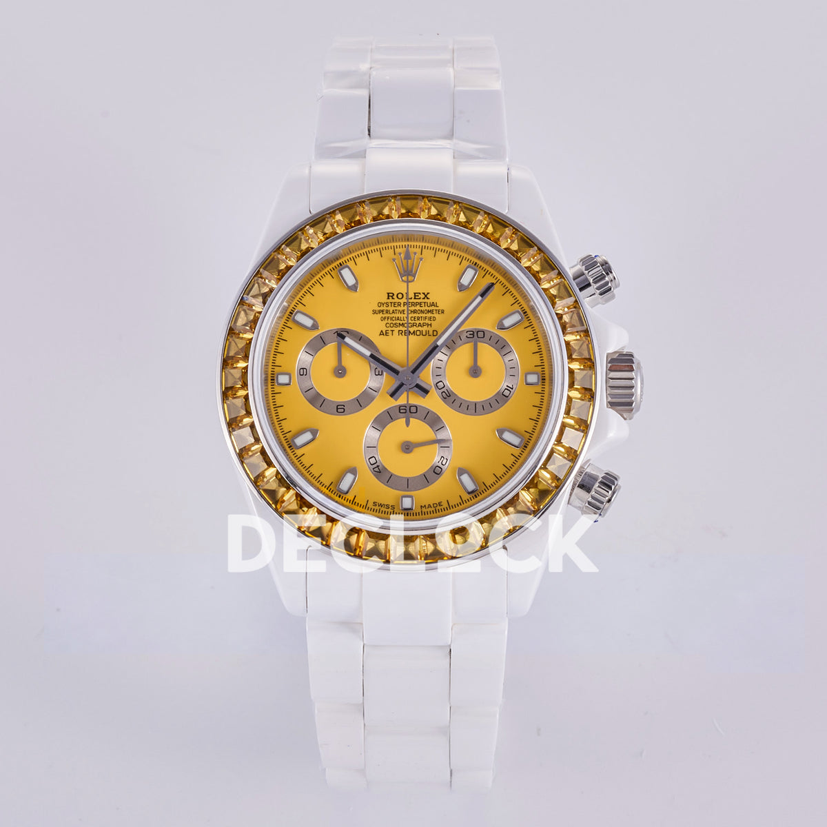 Rolex Daytona ADGF replica - front view of yellow dial, silver chronograph rings, yellow faceted bezel and white ceramic bracelet