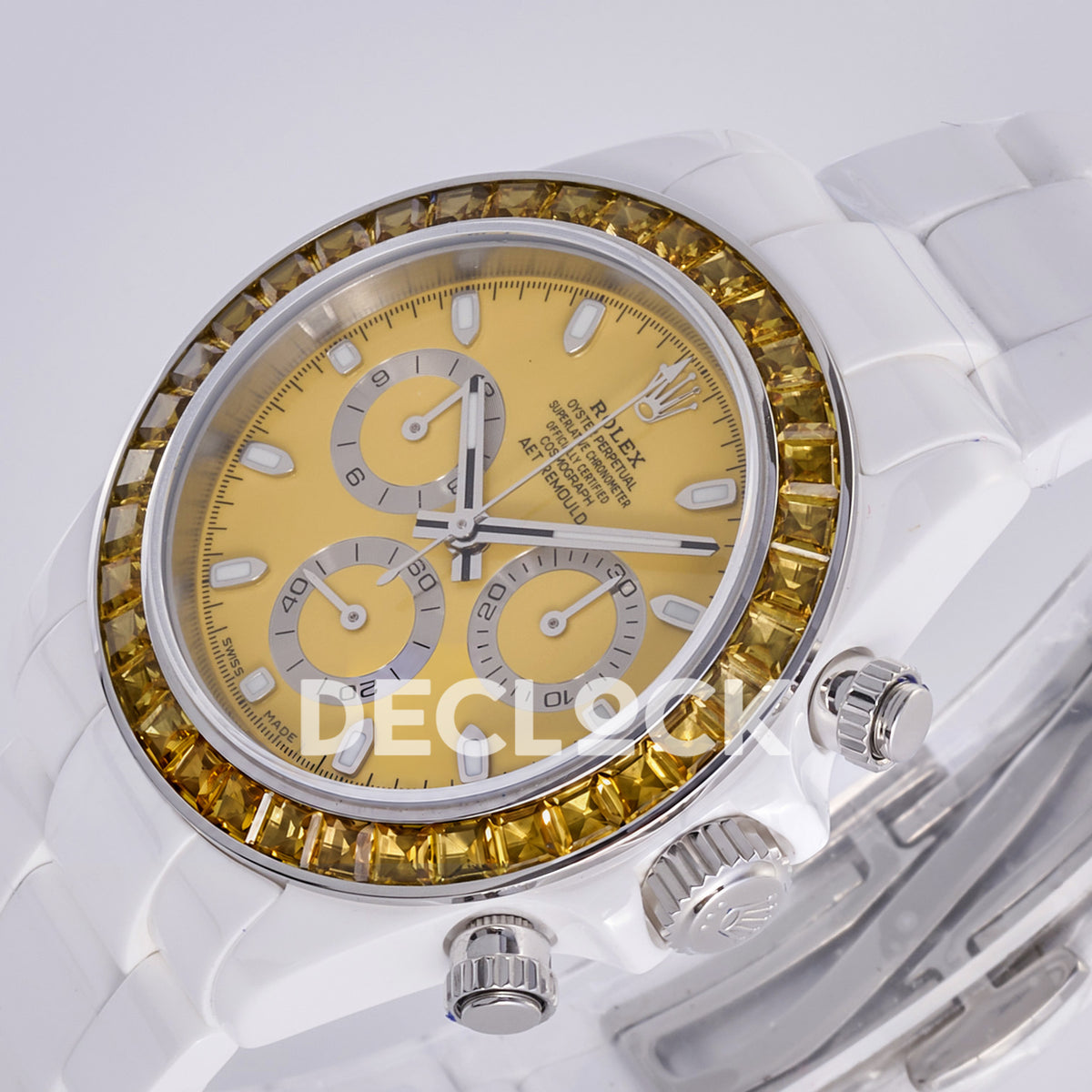 Rolex Daytona ADGF replica - yellow dial with silver counter rings, black printing and white ceramic bracelet
