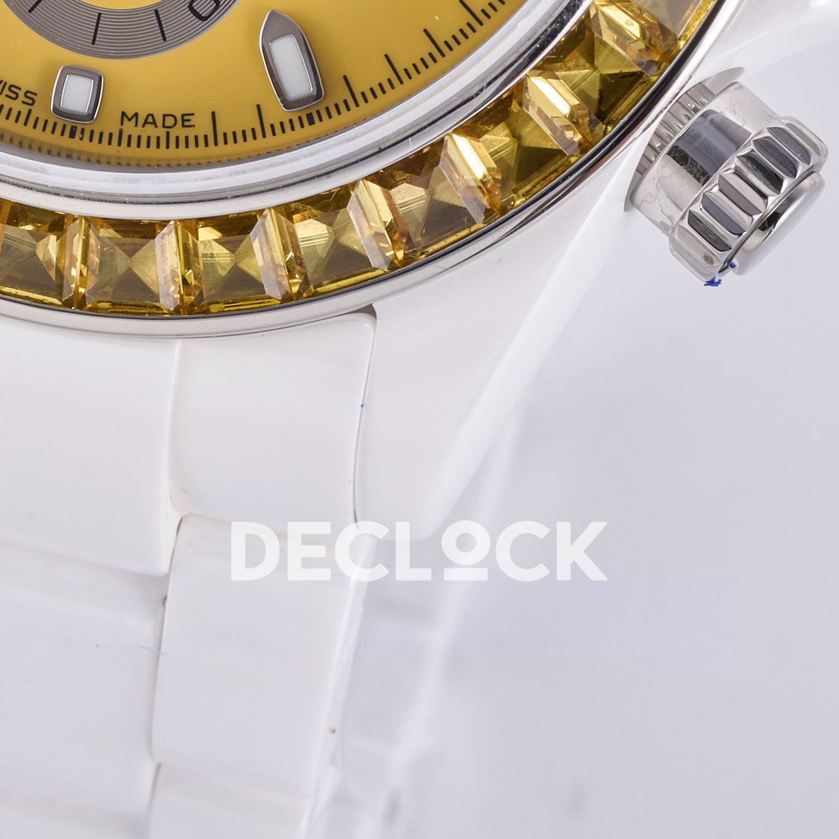 Rolex Daytona ADGF replica - yellow gem-set bezel, white ceramic lower lugs and bracelet detail