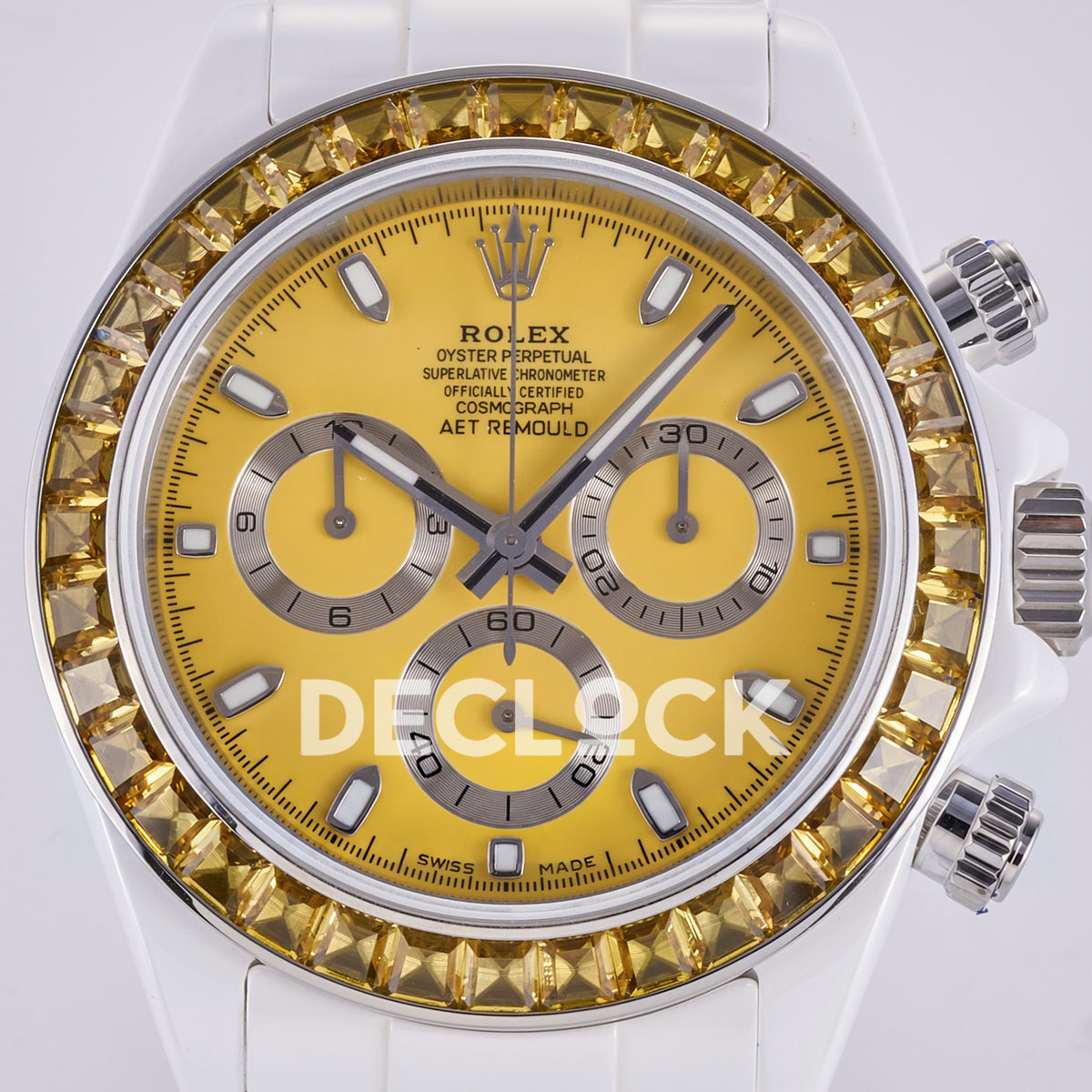 Rolex Daytona ADGF replica - original yellow AET Remould dial, silver chronograph rings, yellow faceted gem bezel and white ceramic case