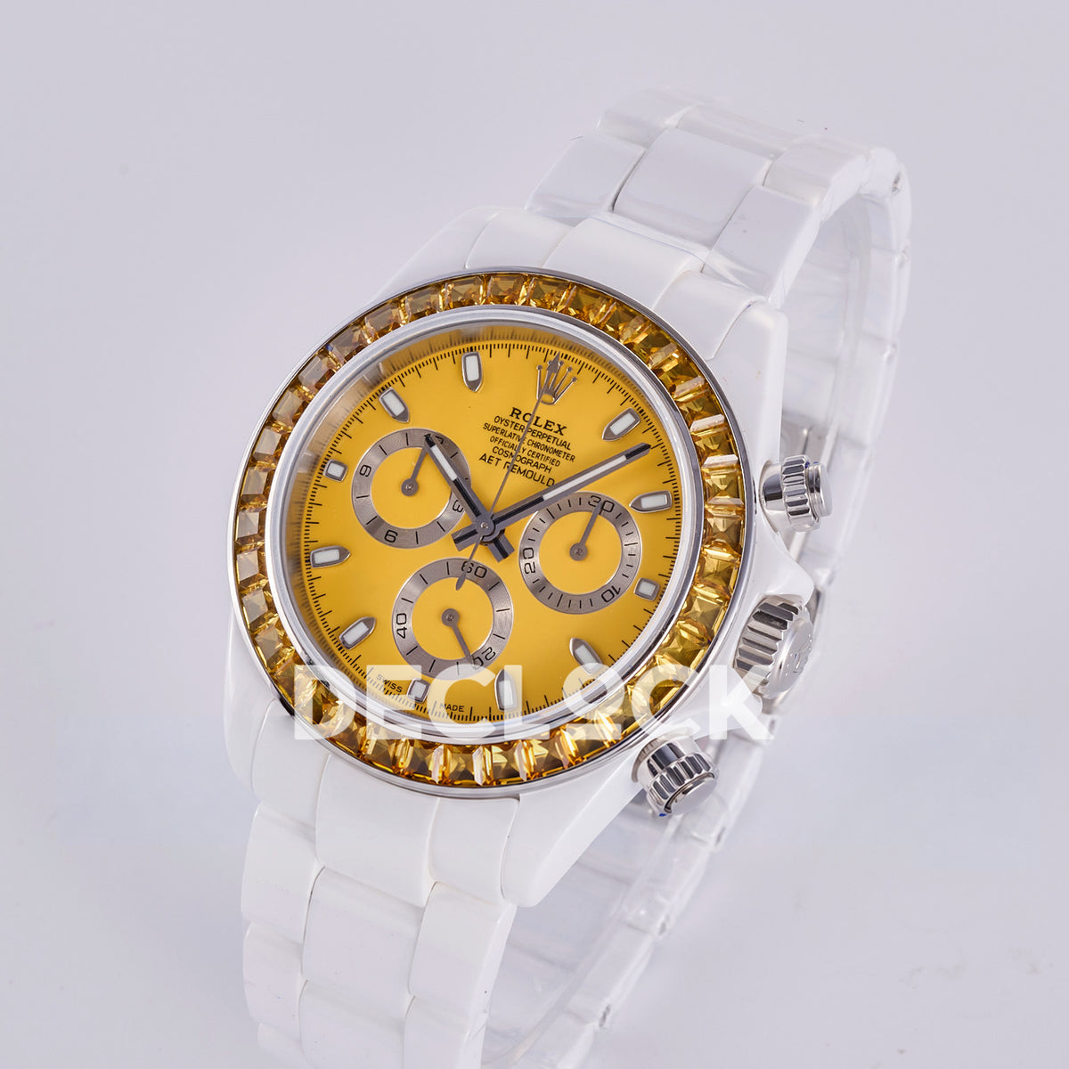 Rolex Daytona ADGF replica - original yellow AET Remould dial, silver chronograph rings, yellow faceted gem bezel and white ceramic case