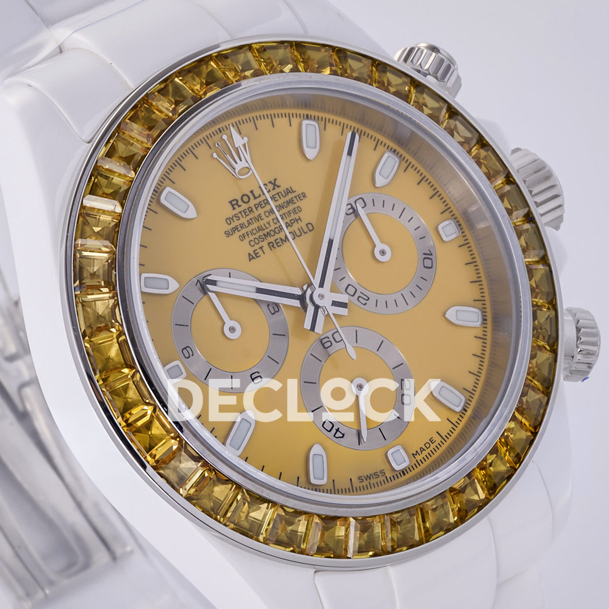 Rolex Daytona ADGF replica - original yellow AET Remould dial, silver chronograph rings, yellow faceted gem bezel and white ceramic case