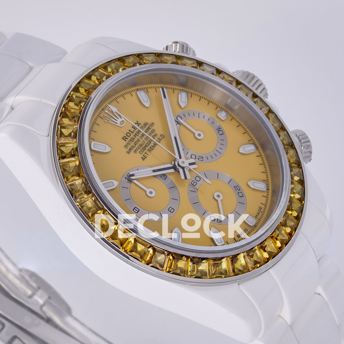 Rolex Daytona ADGF replica - original yellow AET Remould dial, silver chronograph rings, yellow faceted gem bezel and white ceramic case