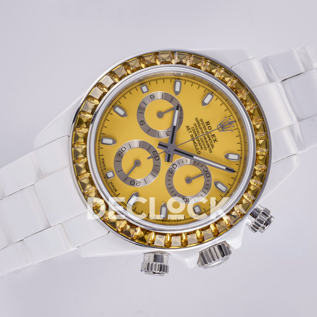 Rolex Daytona ADGF replica - original yellow AET Remould dial, silver chronograph rings, yellow faceted gem bezel and white ceramic case