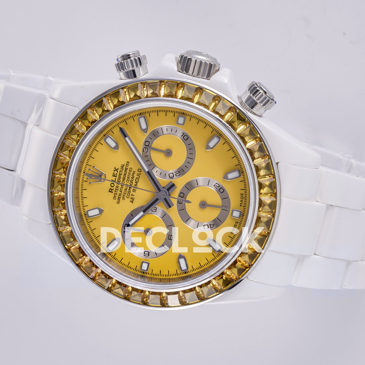 Rolex Daytona ADGF replica - original yellow AET Remould dial, silver chronograph rings, yellow faceted gem bezel and white ceramic case