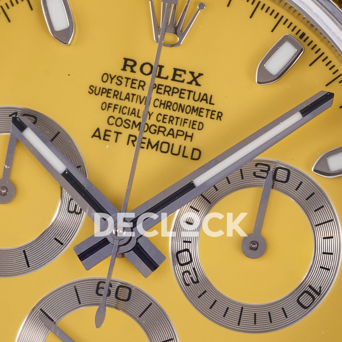Rolex Daytona ADGF replica - original yellow AET Remould dial, silver chronograph rings, yellow faceted gem bezel and white ceramic case