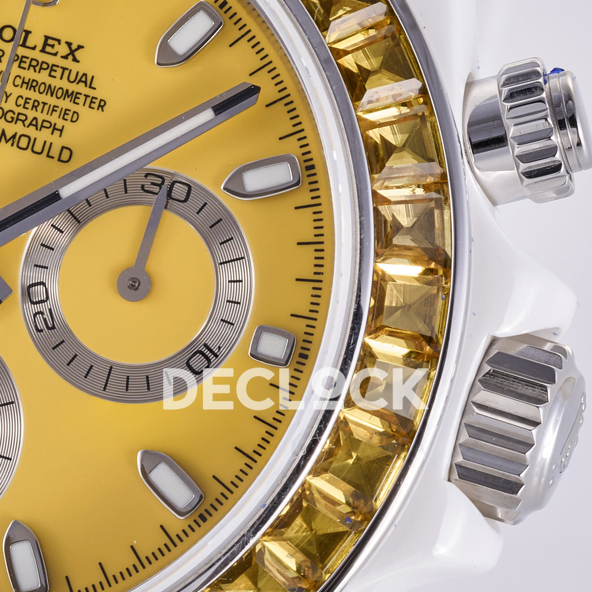 Rolex Daytona ADGF replica - original yellow AET Remould dial, silver chronograph rings, yellow faceted gem bezel and white ceramic case