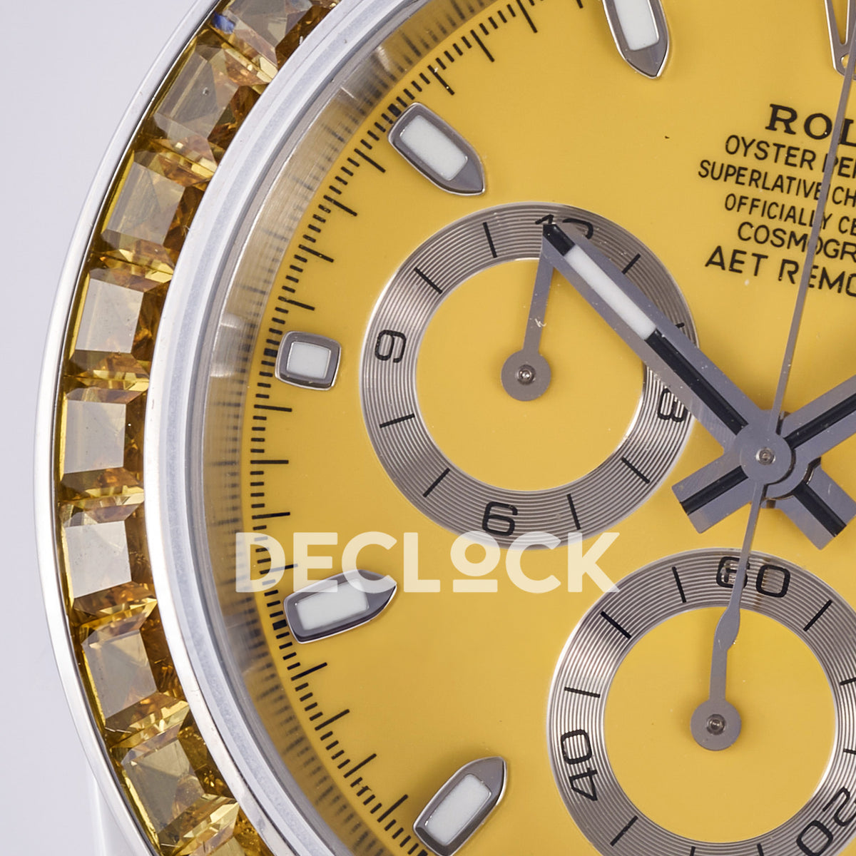 Rolex Daytona ADGF replica - original yellow AET Remould dial, silver chronograph rings, yellow faceted gem bezel and white ceramic case