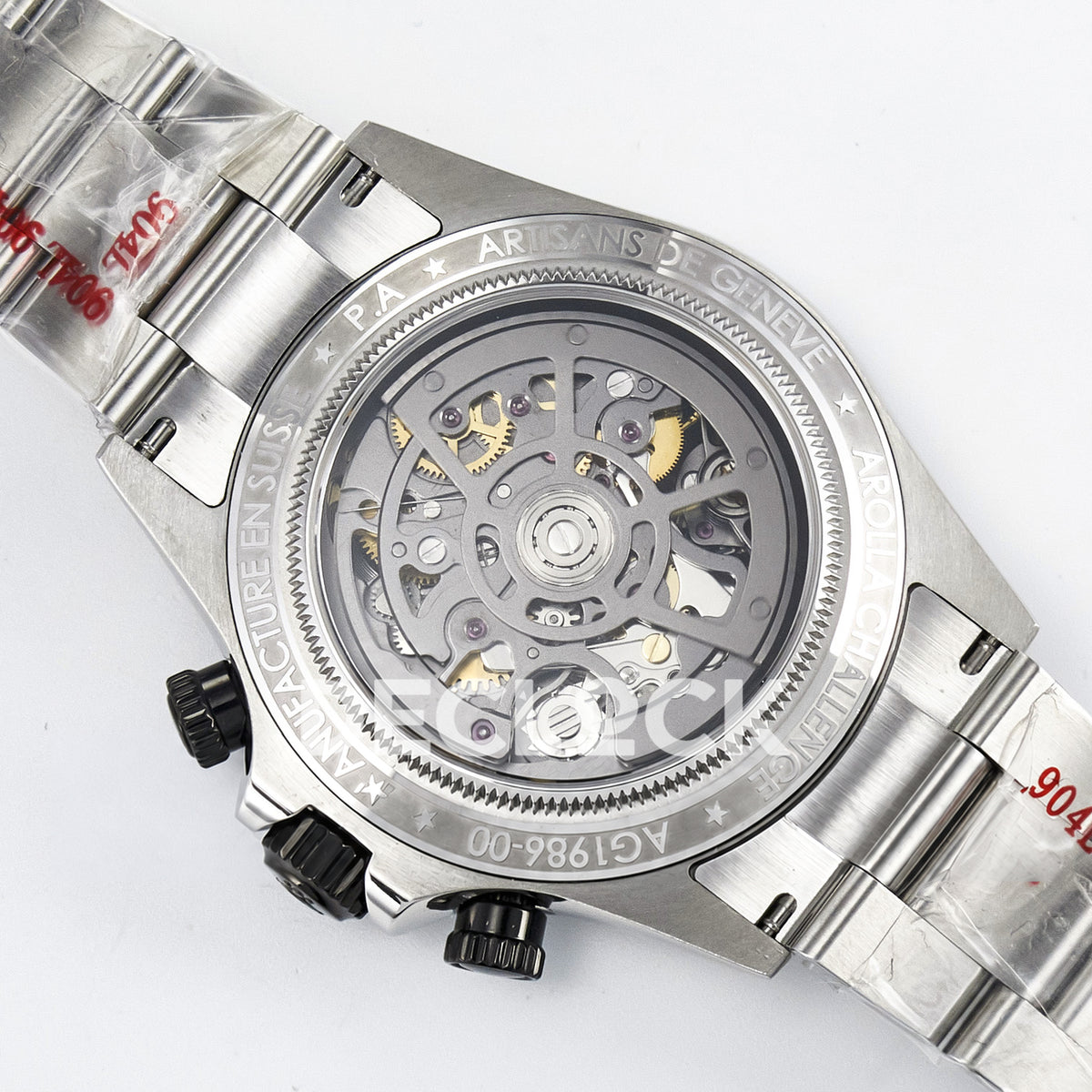 Rolex Daytona Artisans Black Skeleton GETF DD4802 replica - transparent caseback and Arolla Challenge AG1986-00 engraving