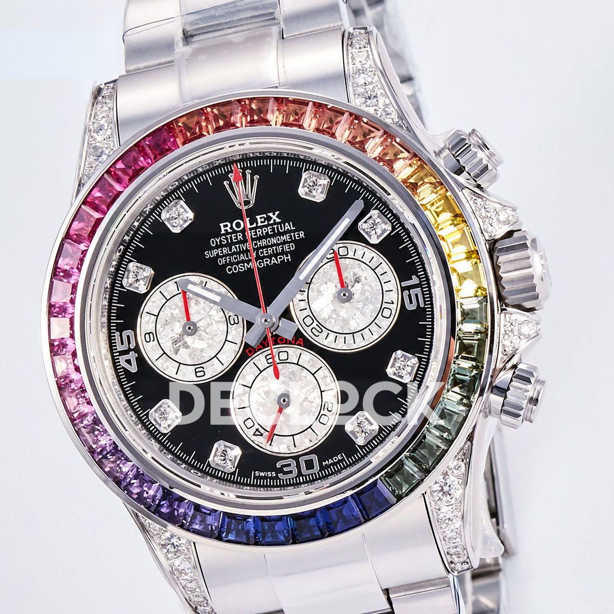 Rolex Daytona Custom 116520 RXF Rainbow Black Silver Gem Markers DD4130 replica - front three quarter