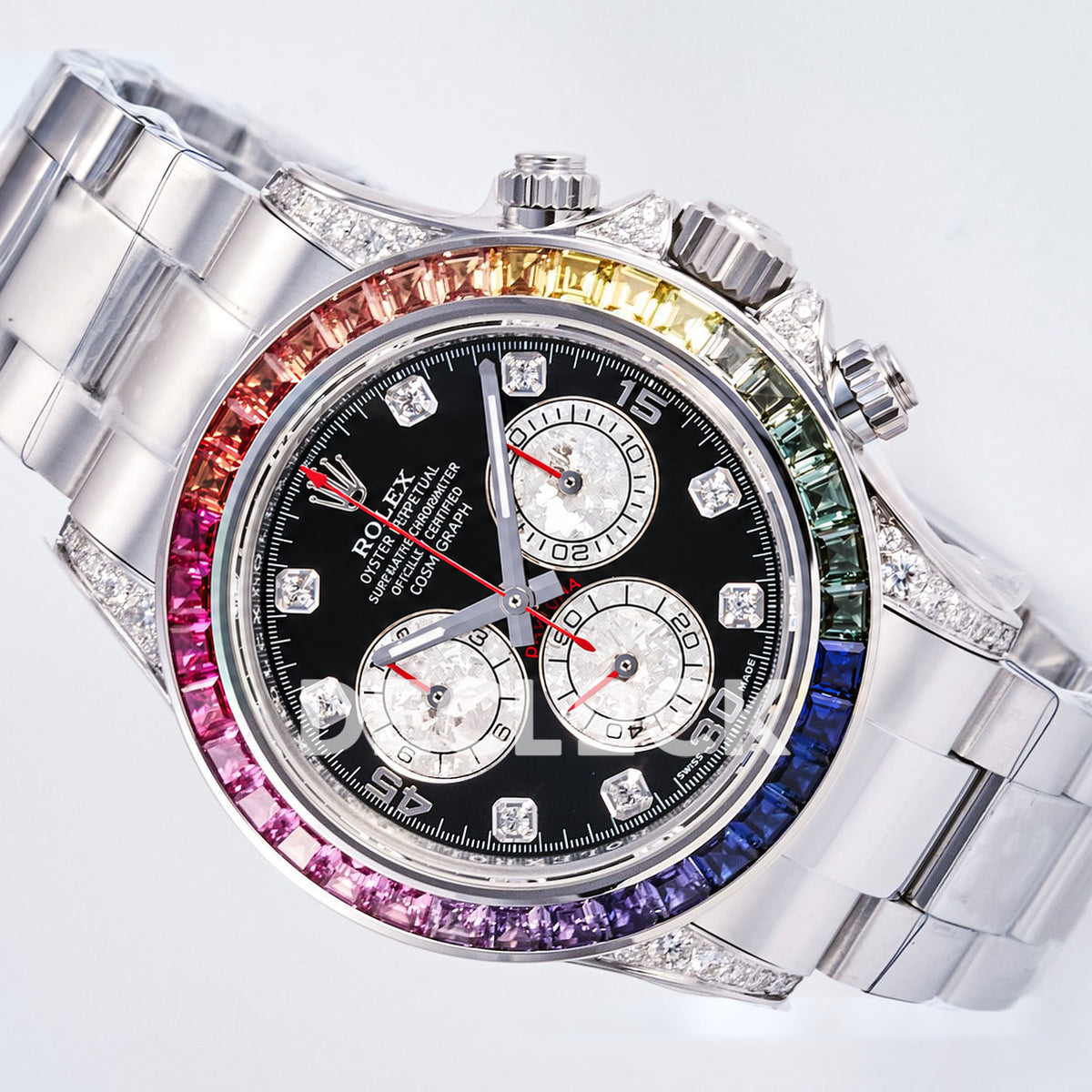 Rolex Daytona Custom 116520 RXF Rainbow Black Silver Gem Markers DD4130 replica - front angle left