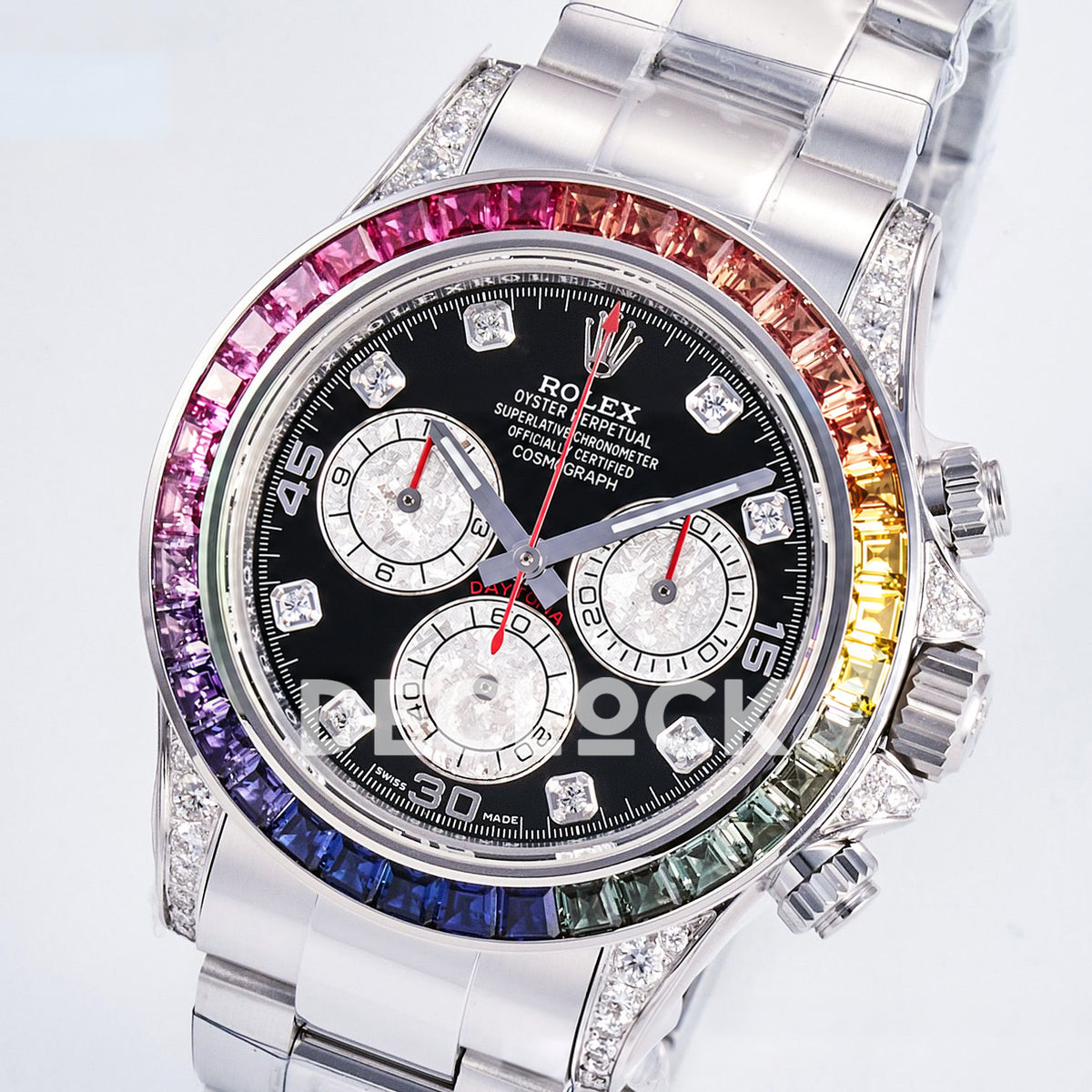 Rolex Daytona Custom 116520 RXF Rainbow Black Silver Gem Markers DD4130 replica - front angle right