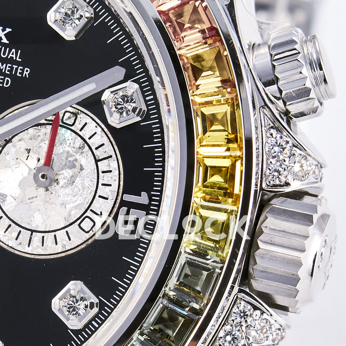 Rolex Daytona Custom 116520 RXF Rainbow Black Silver Gem Markers DD4130 replica - crown dial closeup