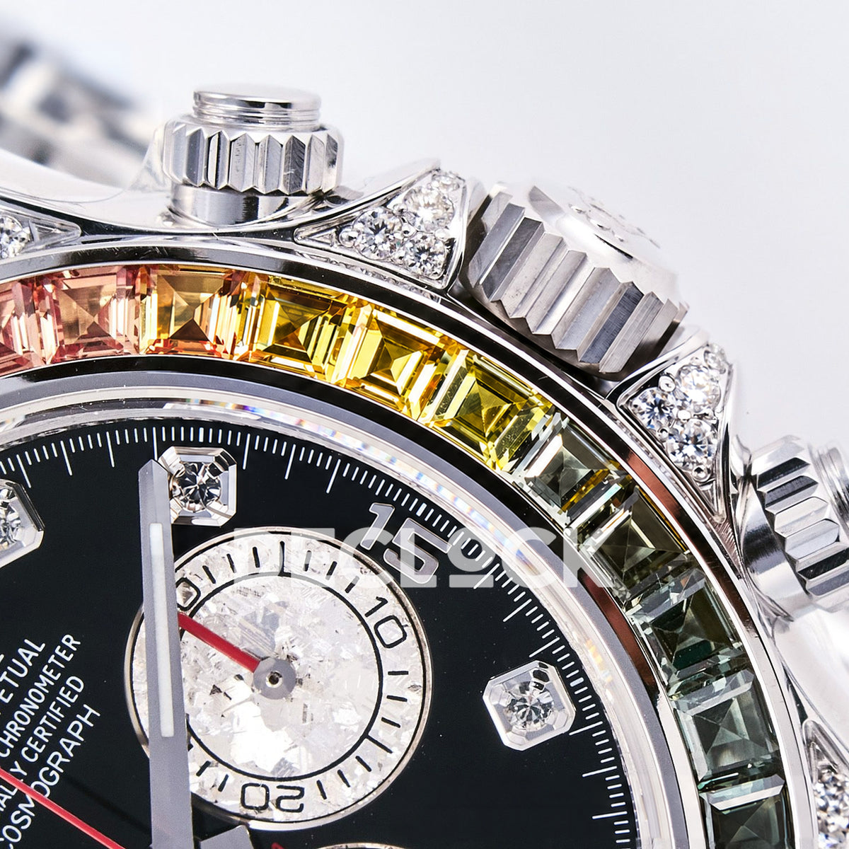 Rolex Daytona Custom 116520 RXF Rainbow Black Silver Gem Markers DD4130 replica - upper bezel angle