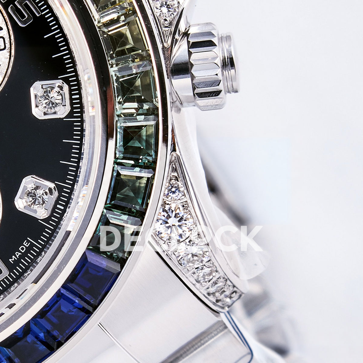 Rolex Daytona Custom 116520 RXF Rainbow Black Silver Gem Markers DD4130 replica - crown and lug closeup