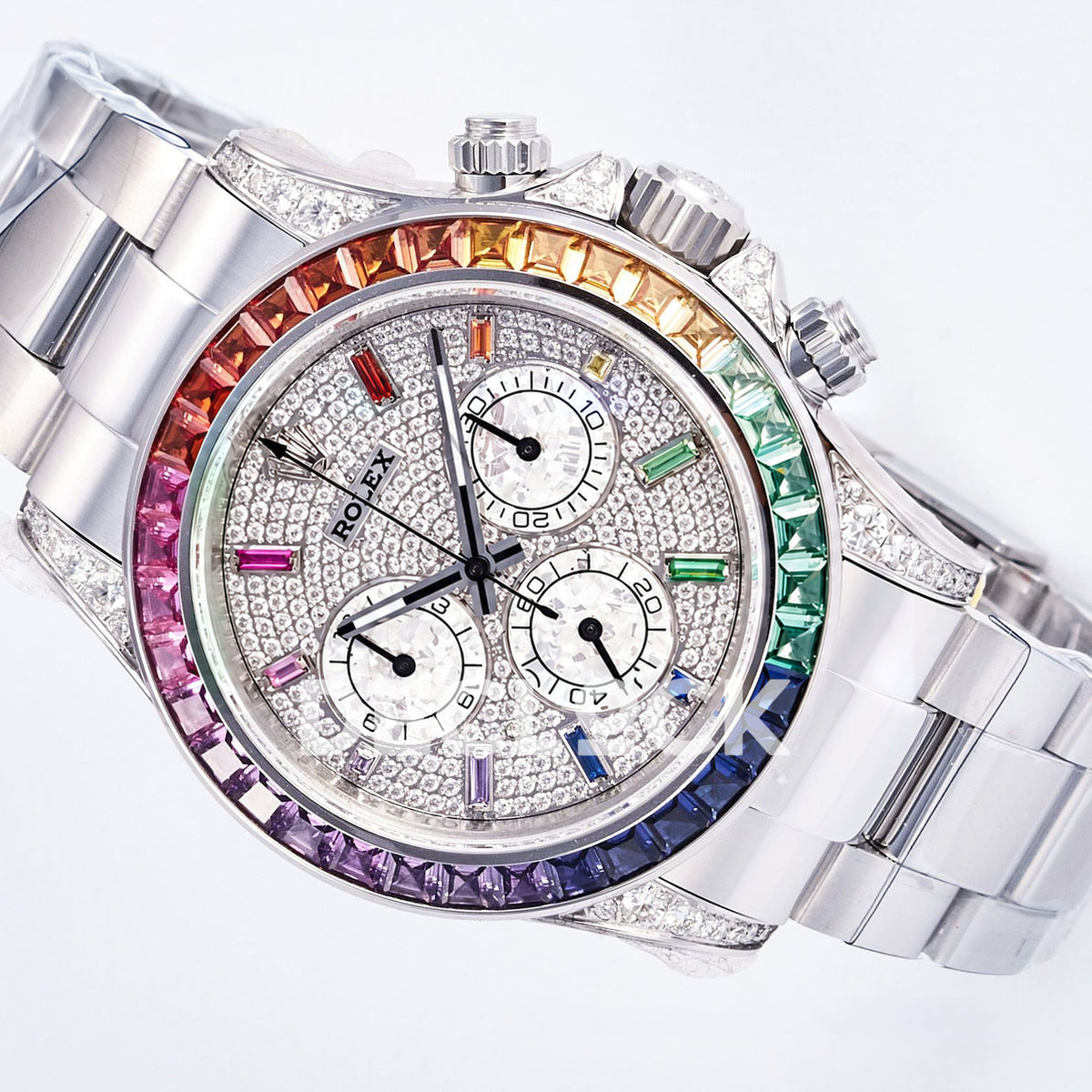 Rolex Daytona Custom 116520 RXF Rainbow Pavé Dial Steel DD4130 replica - front angle left
