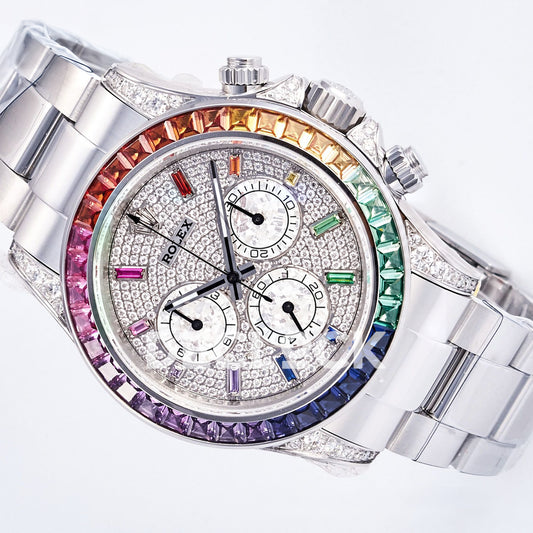Rolex Daytona Custom 116520 RXF Rainbow Pavé Dial Steel DD4130 replica - front angle left