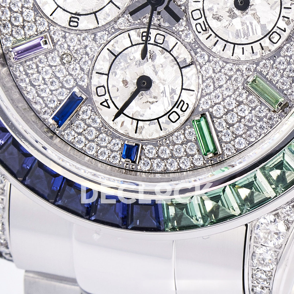 Rolex Daytona Custom 116520 RXF Rainbow Pavé Dial Steel DD4130 replica - lower dial closeup