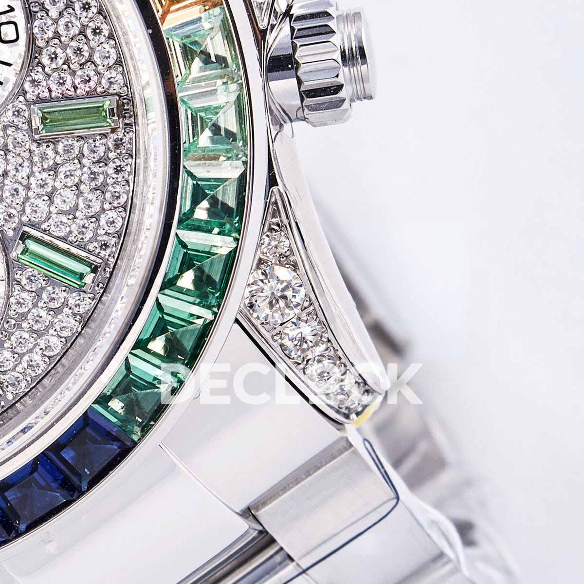Rolex Daytona Custom 116520 RXF Rainbow Pavé Dial Steel DD4130 replica - crown and lug closeup