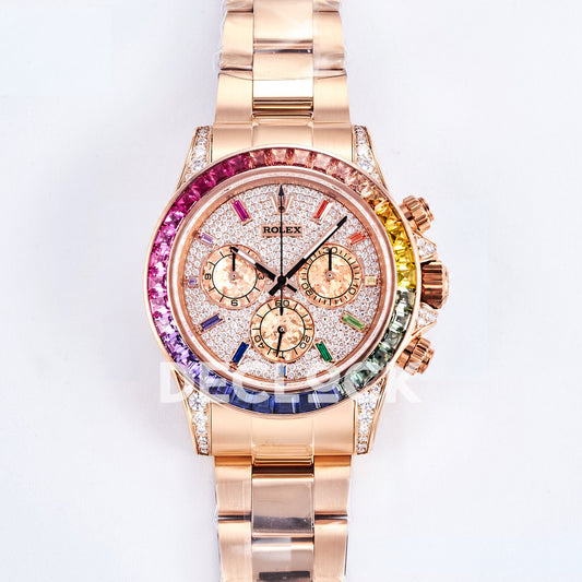 Rolex Daytona Custom 116595RBOW RXF Rainbow Pavé Dial Rose Gold DD4130 replica - front