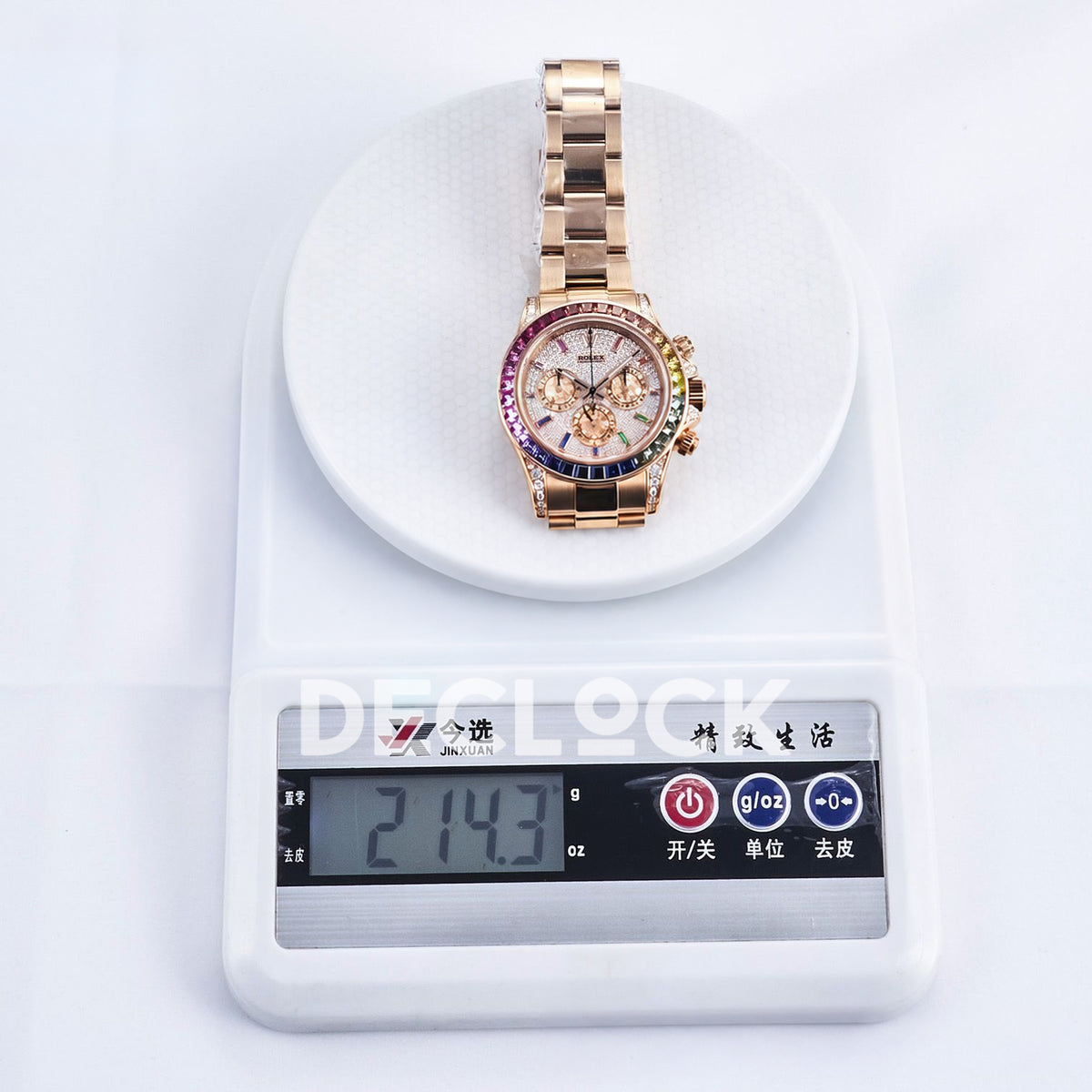 Rolex Daytona Custom 116595RBOW RXF Rainbow Pavé Dial Rose Gold DD4130 replica - weight scale