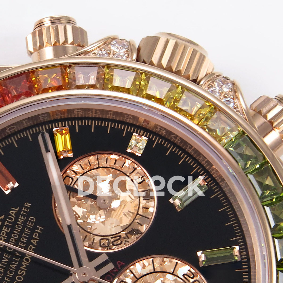 Rolex Daytona Custom 116595RBOW ZF Rainbow Black Rose Gold SH4130 replica - crown and bezel closeup