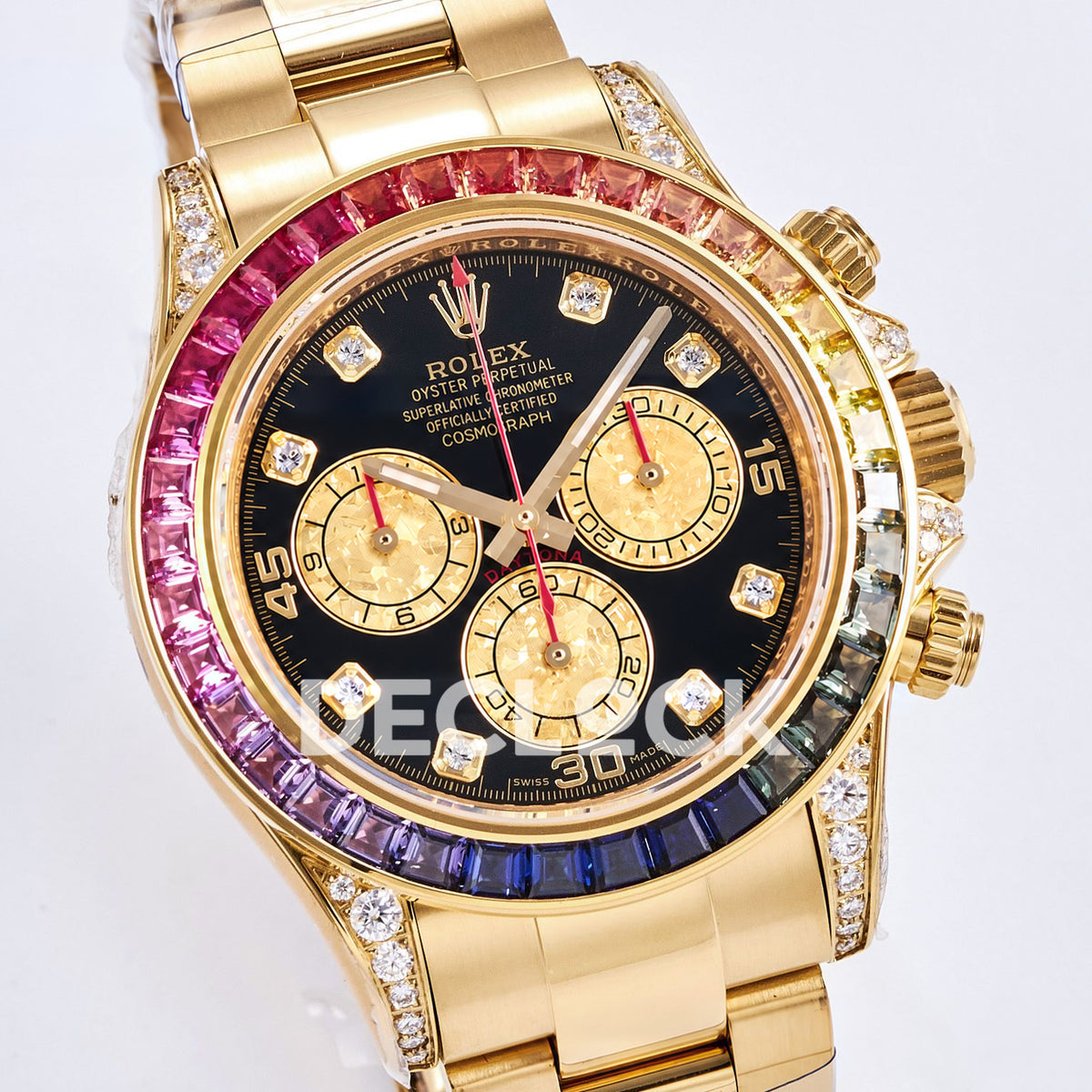 Rolex Daytona Custom 116598RBOW RXF Rainbow Black Gold Gem Markers DD4130 replica - front three quarter