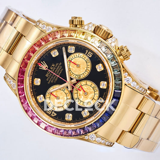 Rolex Daytona Custom 116598RBOW RXF Rainbow Black Gold Gem Markers DD4130 replica - front angle left