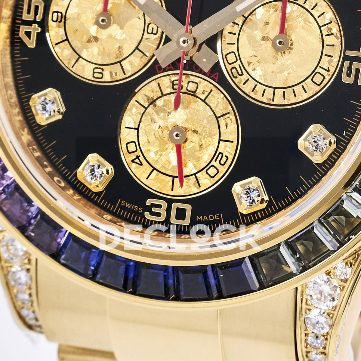 Rolex Daytona Custom 116598RBOW RXF Rainbow Black Gold Gem Markers DD4130 replica - lower dial closeup