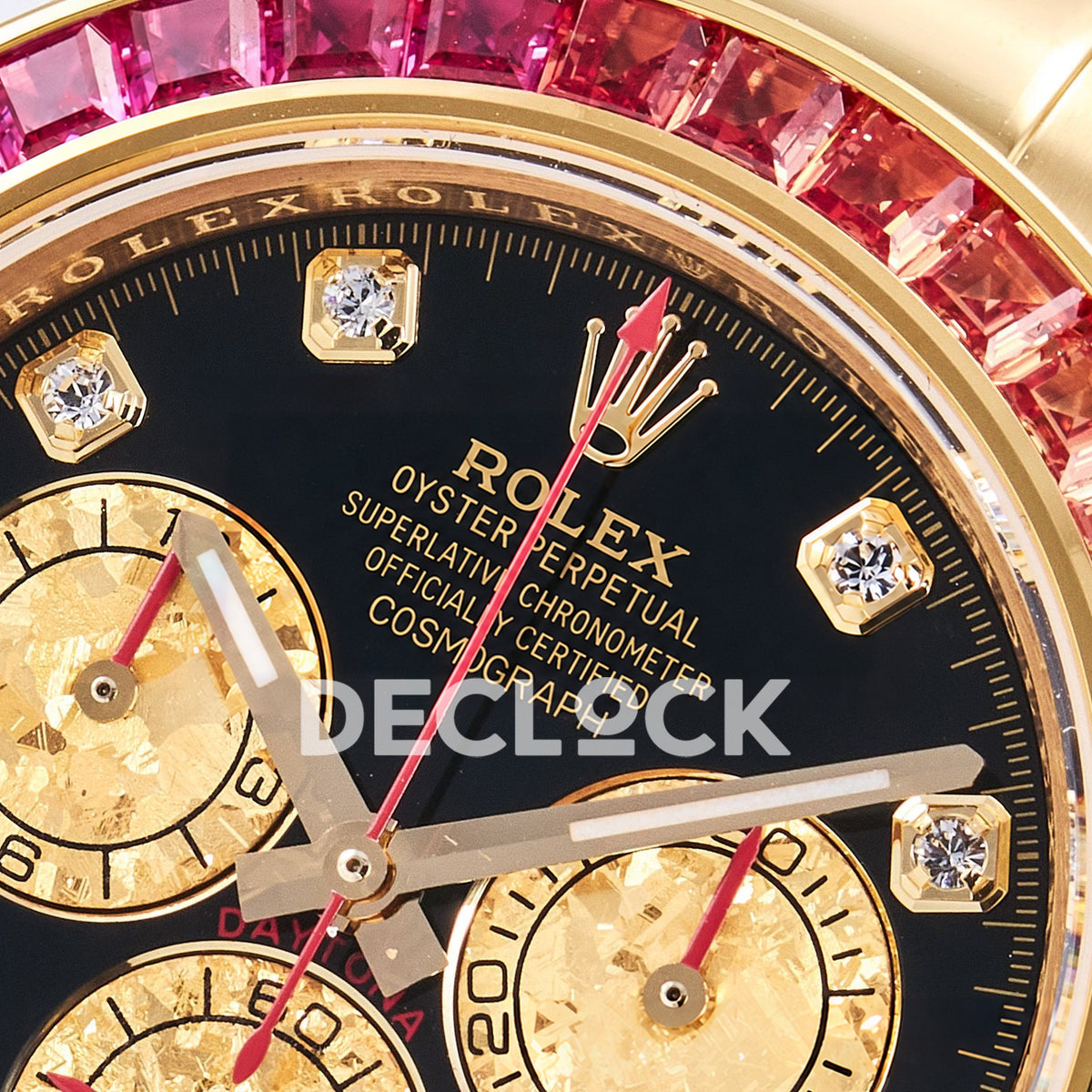 Rolex Daytona Custom 116598RBOW RXF Rainbow Black Gold Gem Markers DD4130 replica - upper bezel closeup