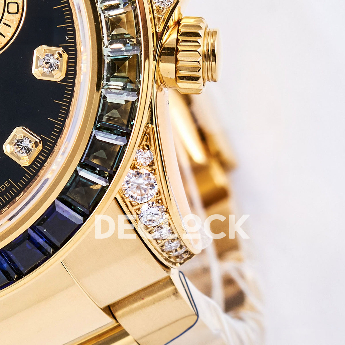 Rolex Daytona Custom 116598RBOW RXF Rainbow Black Gold Gem Markers DD4130 replica - crown and lug closeup