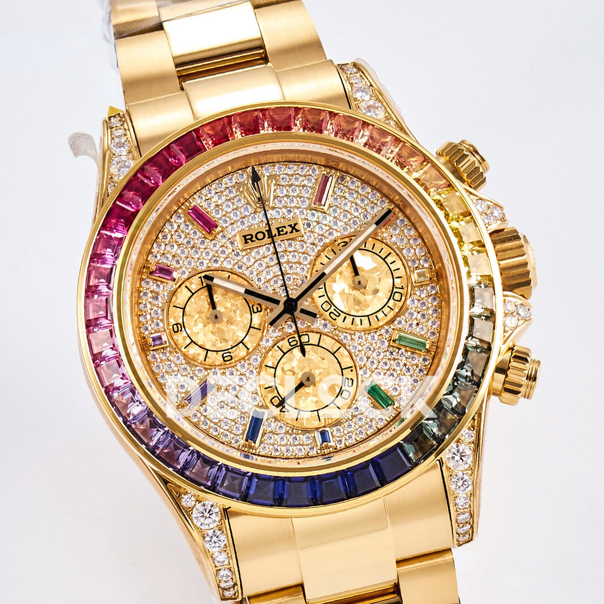 Rolex Daytona Custom 116598RBOW RXF Rainbow Pavé Dial Yellow Gold DD4130 replica - front three quarter
