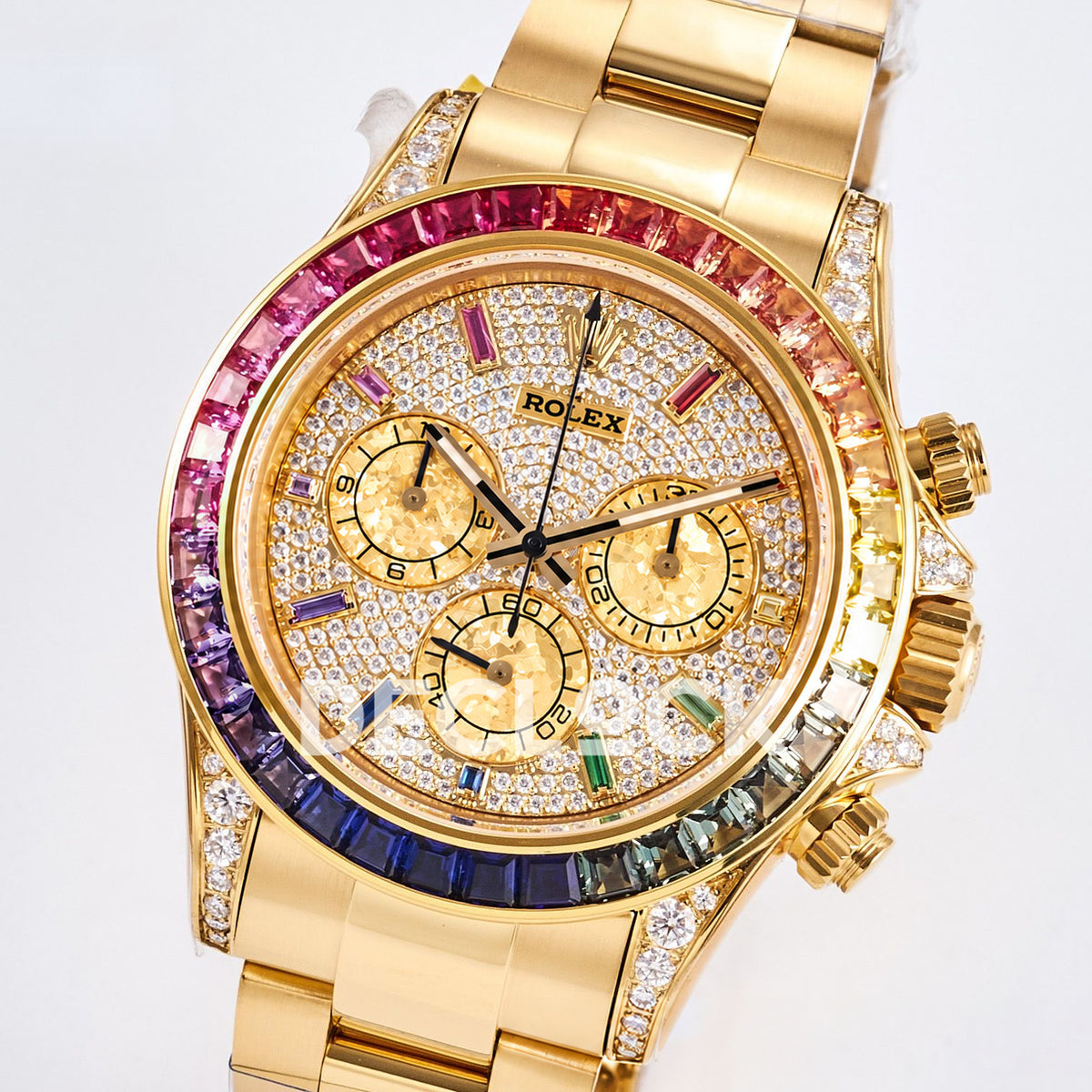 Rolex Daytona Custom 116598RBOW RXF Rainbow Pavé Dial Yellow Gold DD4130 replica - front angle right
