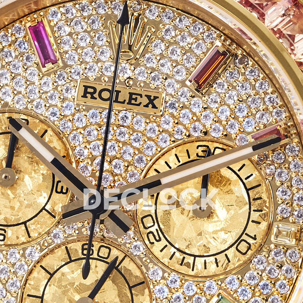 Rolex Daytona Custom 116598RBOW RXF Rainbow Pavé Dial Yellow Gold DD4130 replica - upper dial closeup