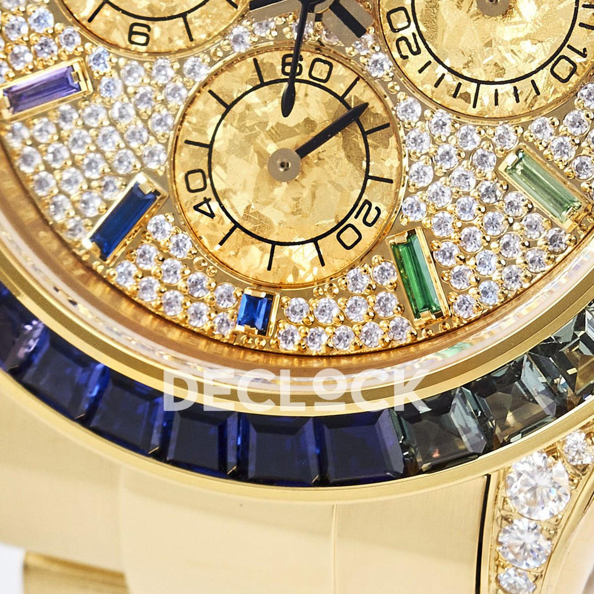 Rolex Daytona Custom 116598RBOW RXF Rainbow Pavé Dial Yellow Gold DD4130 replica - lower dial closeup