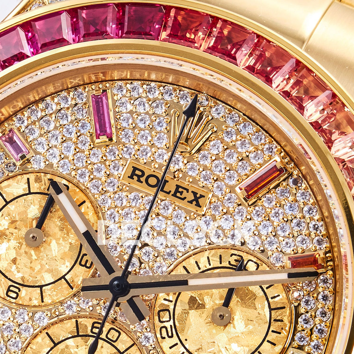 Rolex Daytona Custom 116598RBOW RXF Rainbow Pavé Dial Yellow Gold DD4130 replica - upper bezel closeup