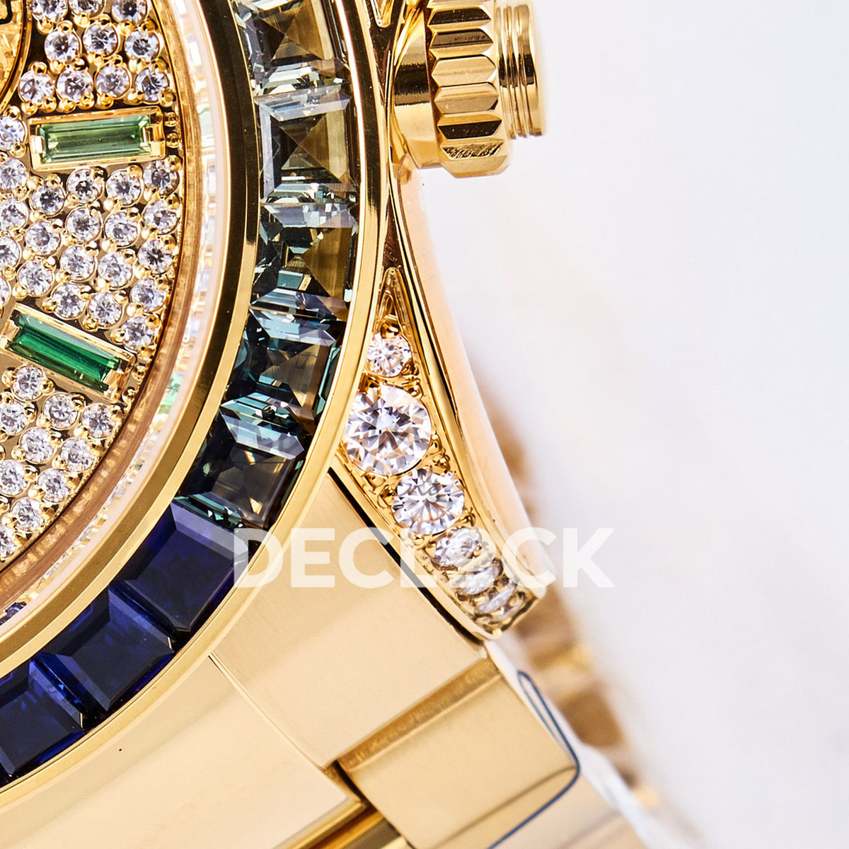 Rolex Daytona Custom 116598RBOW RXF Rainbow Pavé Dial Yellow Gold DD4130 replica - crown and lug closeup