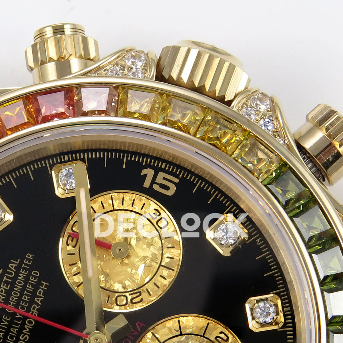 Rolex Daytona Custom 116598RBOW ZF Rainbow Black Gold Dial SH4130 replica - crown and bezel closeup