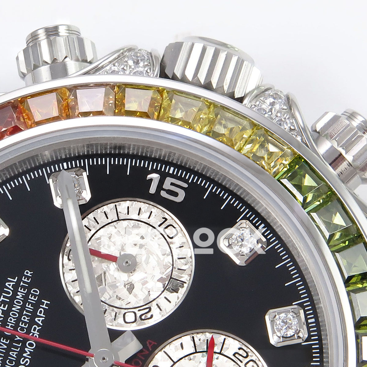 Rolex Daytona Custom 116599RBOW ZF Rainbow Black Silver Dial SH4130 replica - crown and bezel closeup