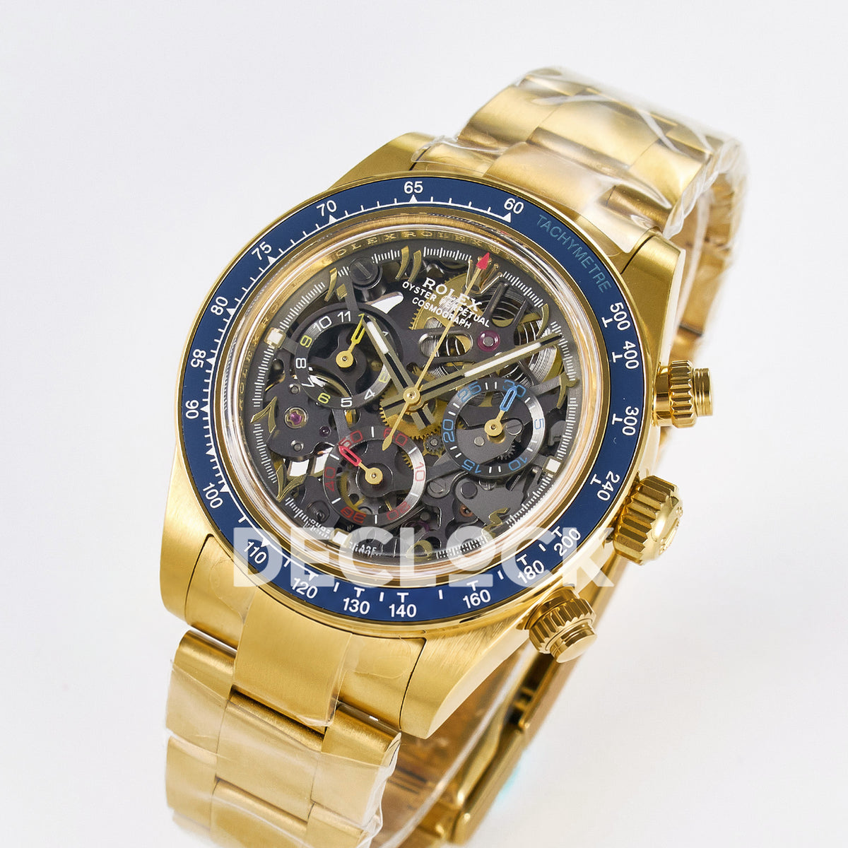 Rolex Daytona Custom Artisans Skeleton Yellow Gold Blue Bezel ADGF SA4130 replica - angled front