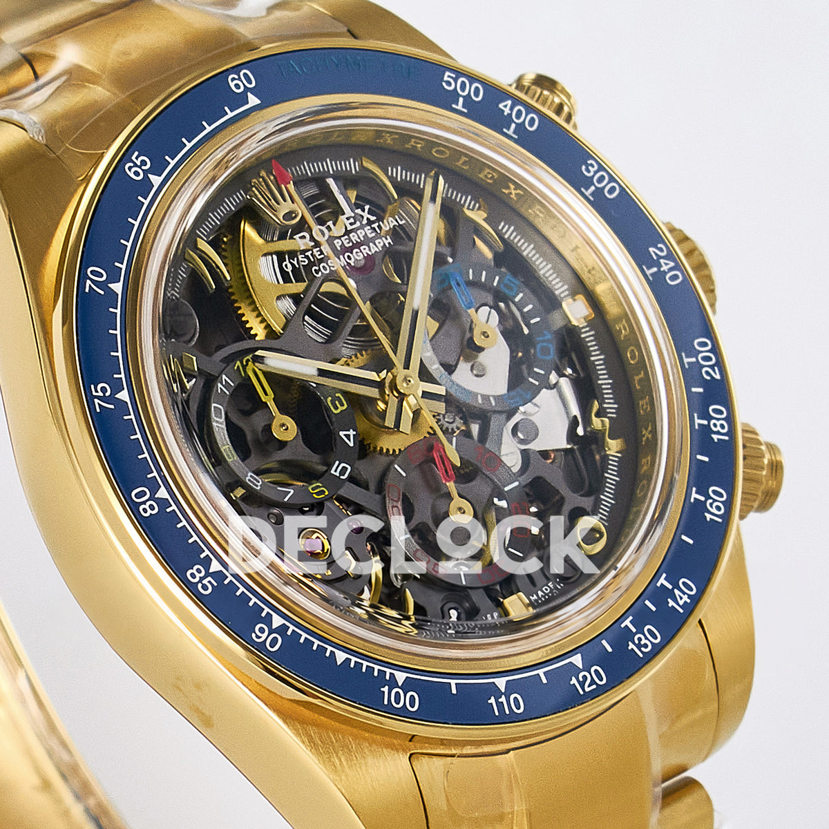 Rolex Daytona Custom Artisans Skeleton Yellow Gold Blue Bezel ADGF SA4130 replica - angled right