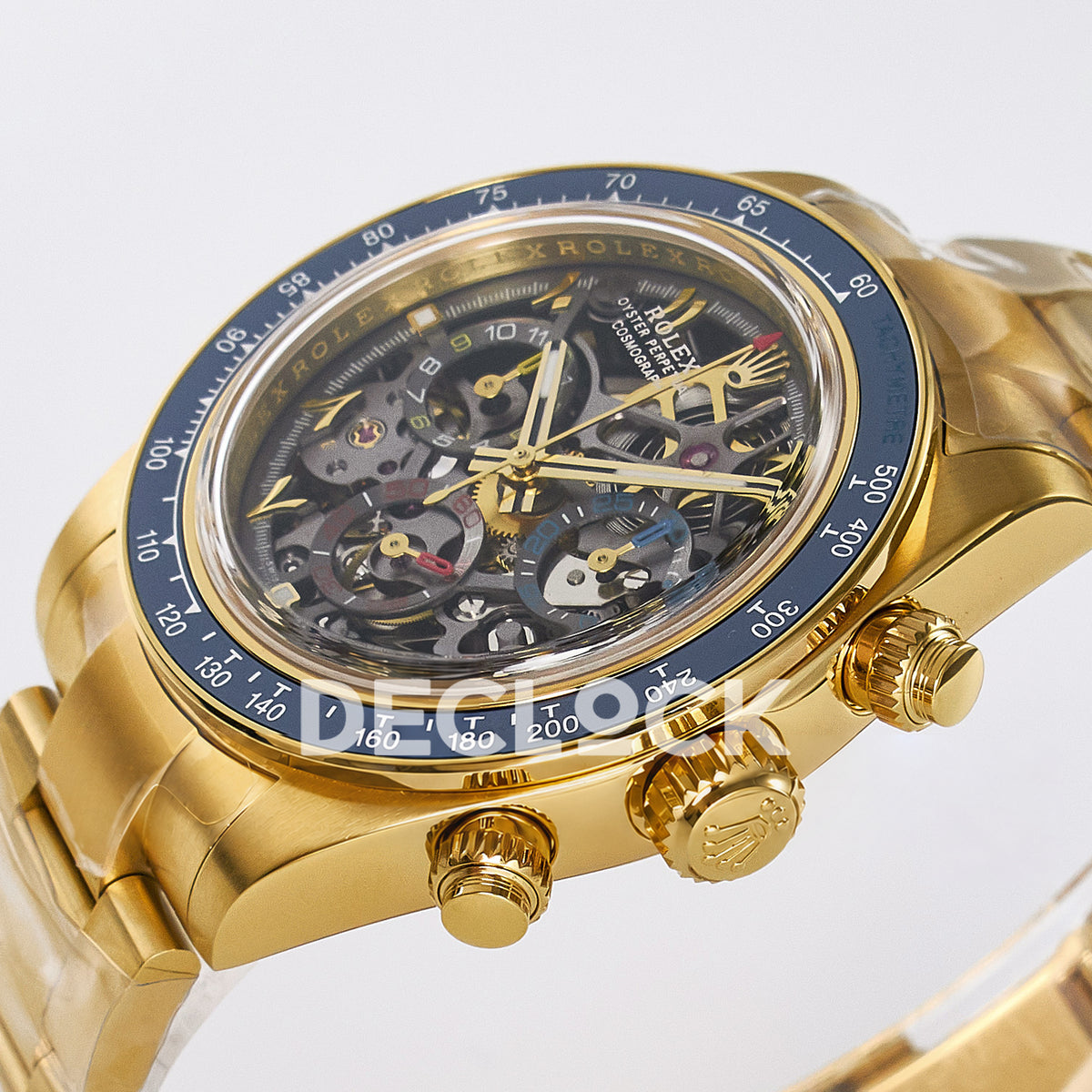 Rolex Daytona Custom Artisans Skeleton Yellow Gold Blue Bezel ADGF SA4130 replica - crown side front