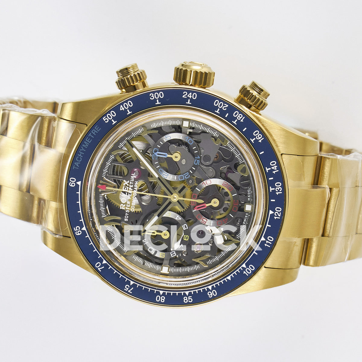 Rolex Daytona Custom Artisans Skeleton Yellow Gold Blue Bezel ADGF SA4130 replica - rotated dial