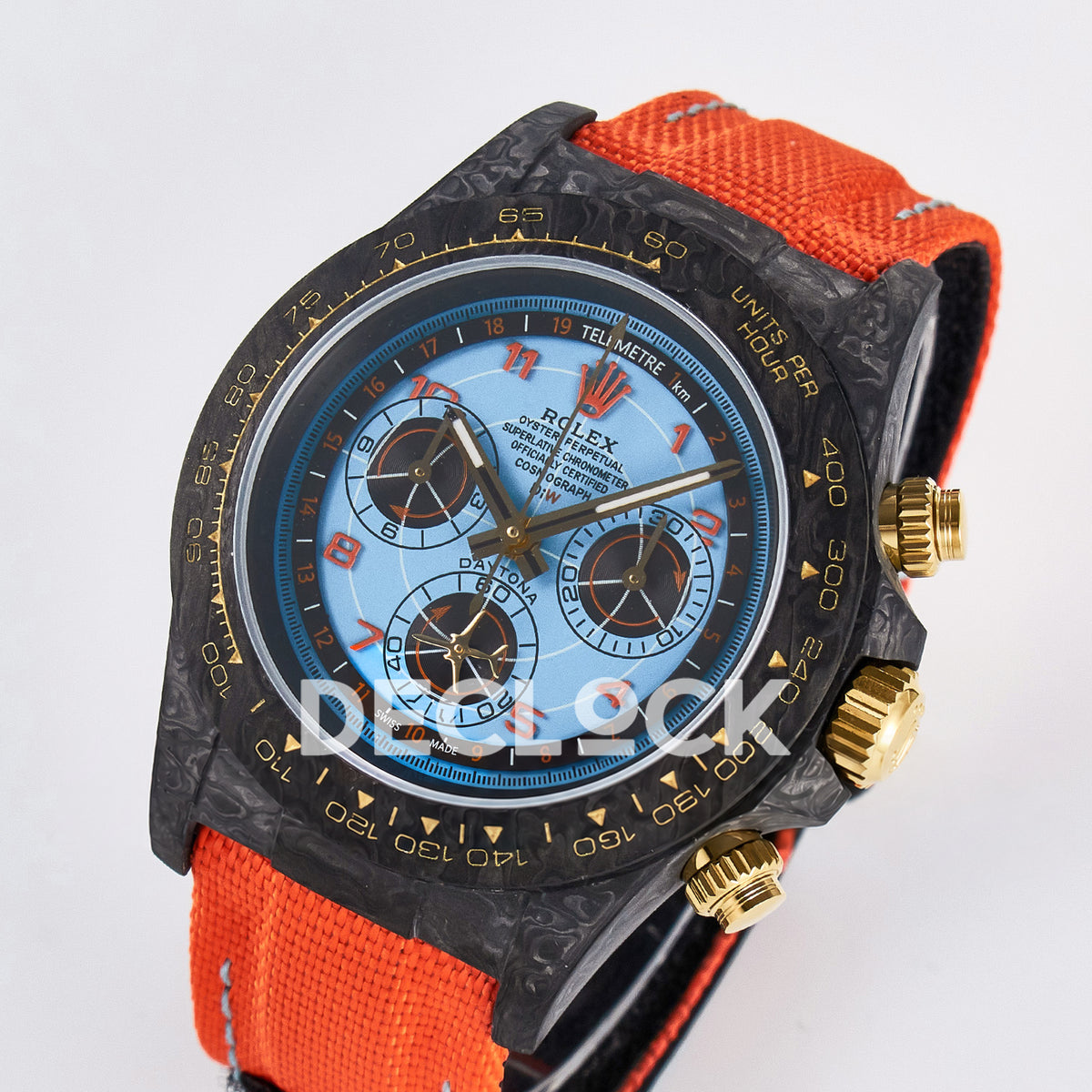 Rolex Daytona Custom Avia Azure Blue Carbon Orange Strap DIWF SH4130 replica - angled front